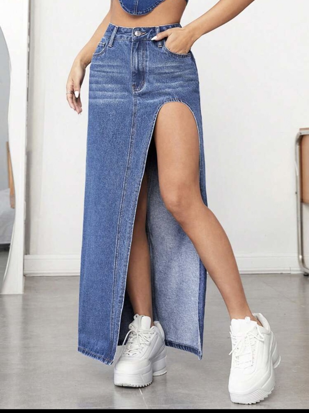 SHEIN Two-Tone Blue Denim Maxi Skirt with Front Panel